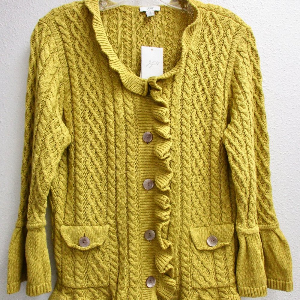 J Jill Mustard Cardigan Knit Sweater w/Ruffle Trim & Bell Sleeves Size Small NWT